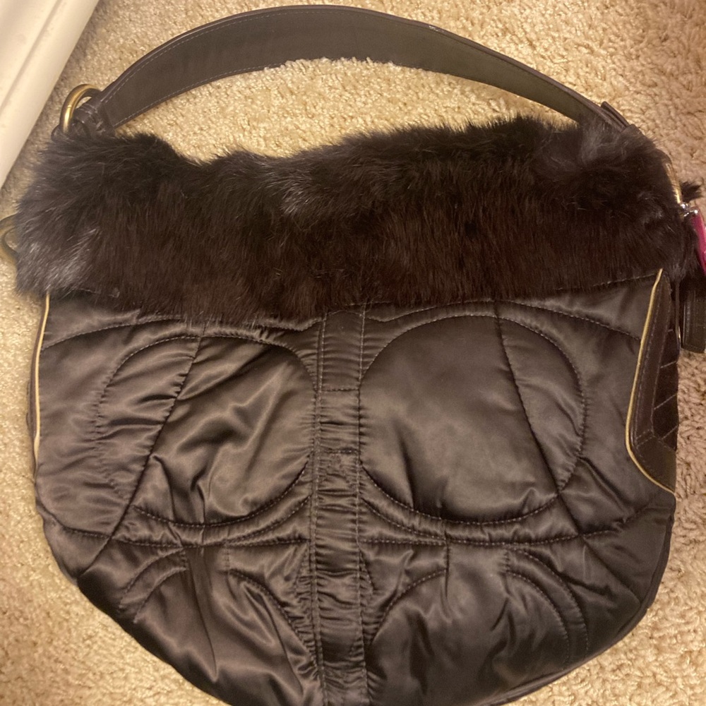Coach Quilted Shoulder Bag with Rabbit fur trim-includes separate coach heart